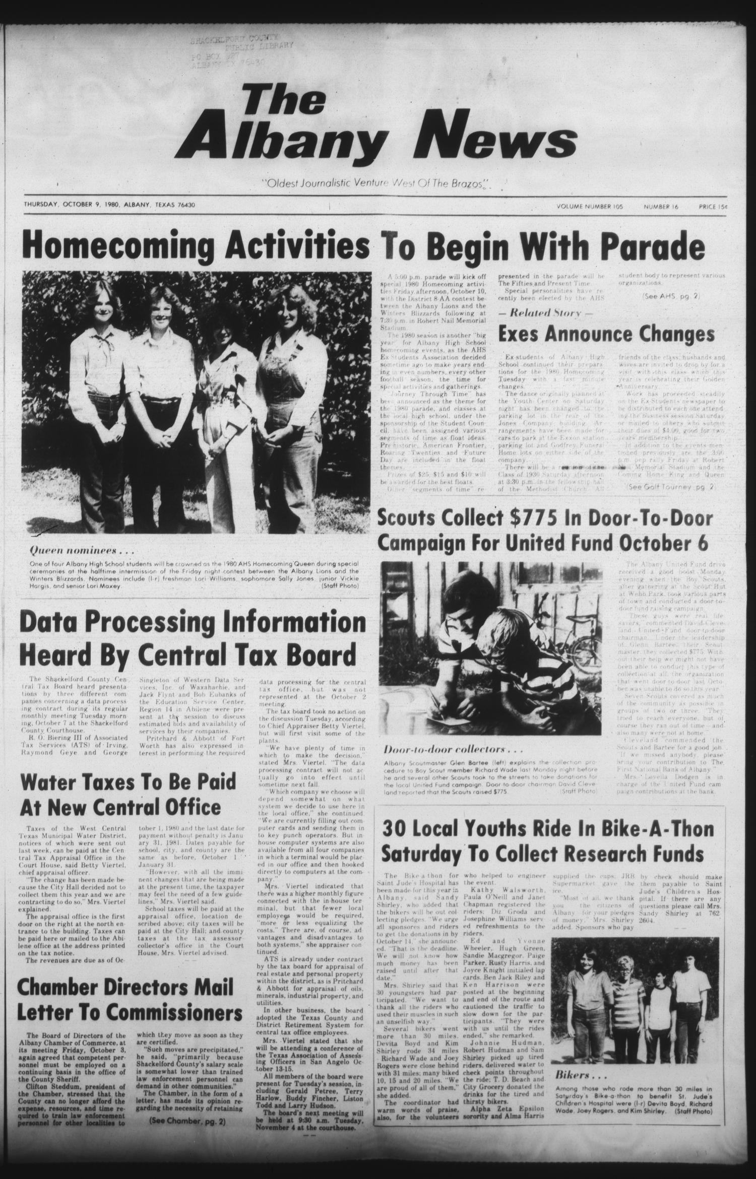 The Albany News (Albany, Tex.), Vol. 105, No. 16, Ed. 1 Thursday, October 9, 1980
                                                
                                                    [Sequence #]: 1 of 12
                                                