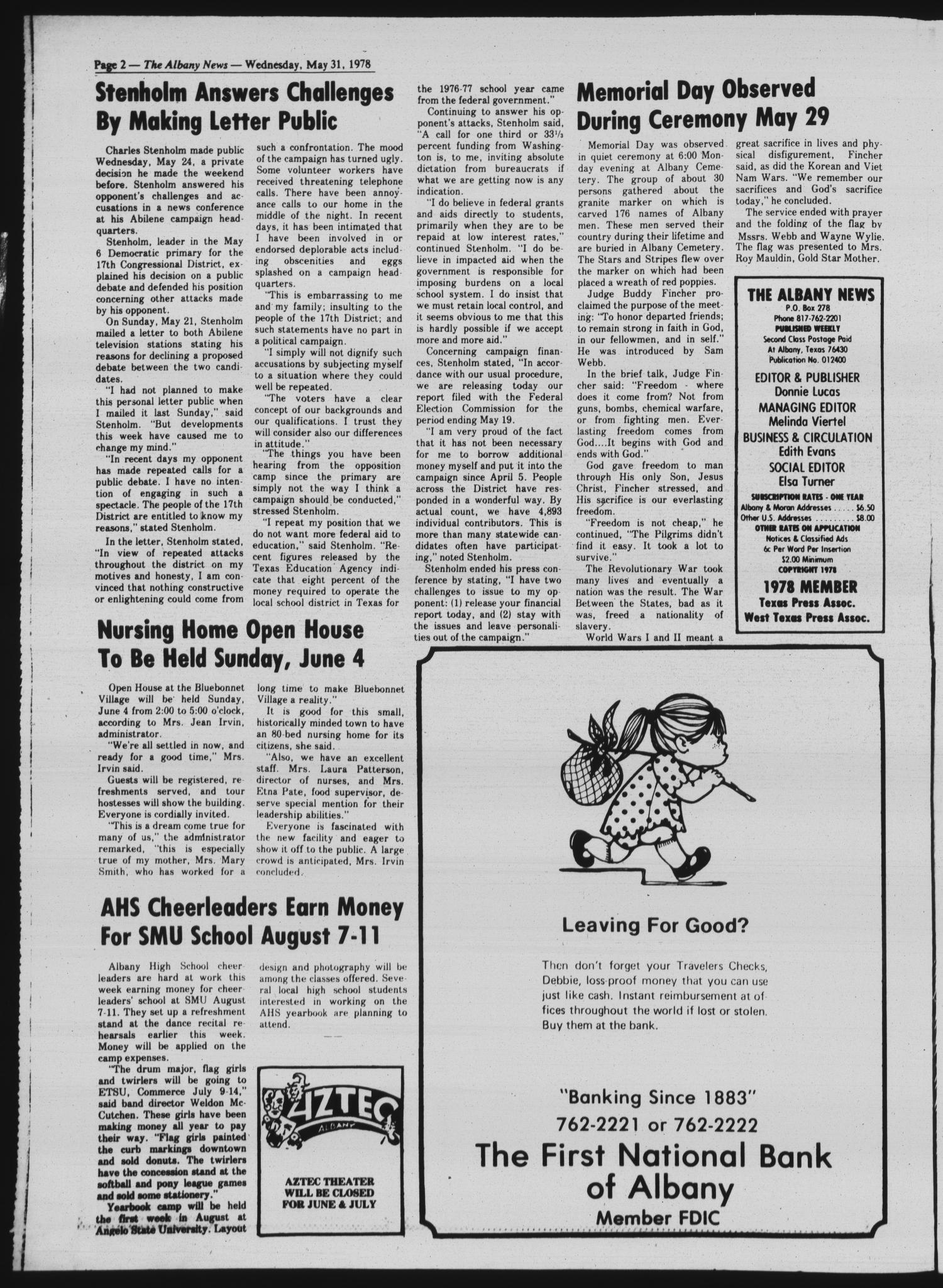 The Albany News (Albany, Tex.), Vol. 102, No. 49, Ed. 1 Wednesday, May 31, 1978
                                                
                                                    [Sequence #]: 2 of 24
                                                