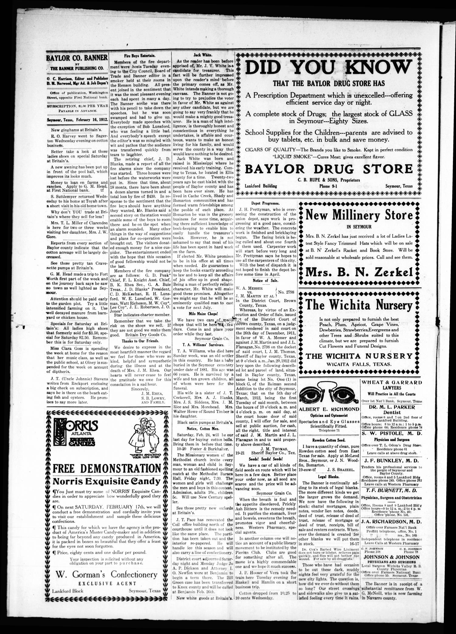 The Baylor County Banner. (Seymour, Tex.), Vol. 17, No. 20, Ed. 1 Friday, February 16, 1912
                                                
                                                    [Sequence #]: 2 of 8
                                                