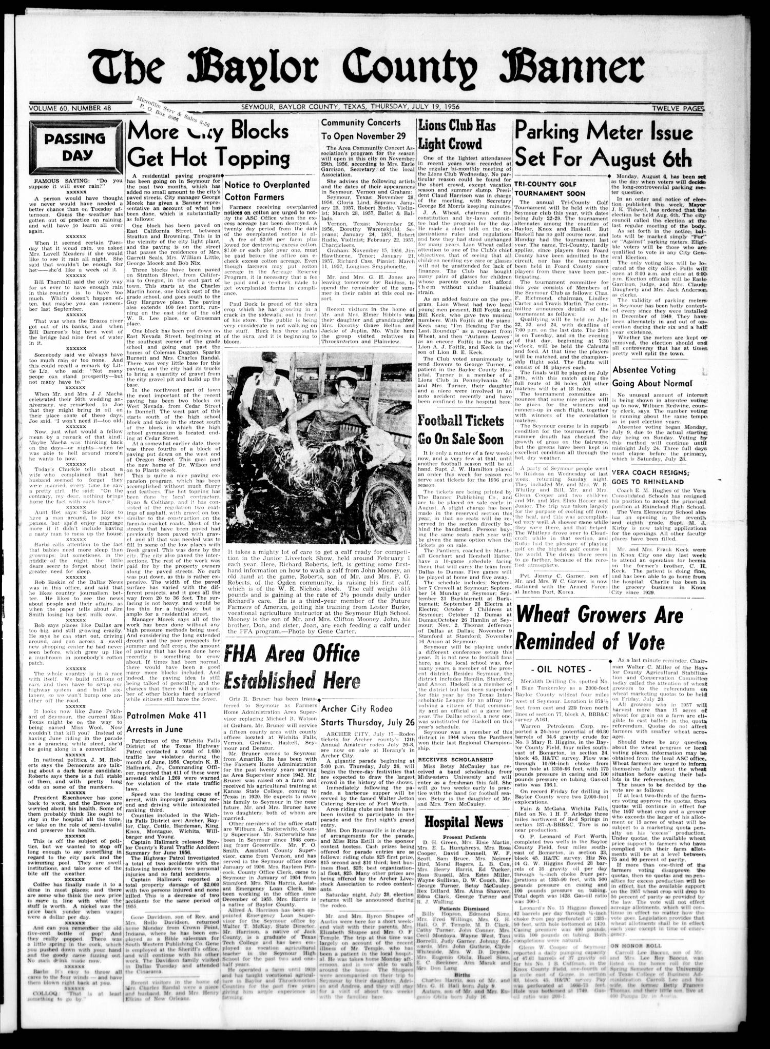 The Baylor County Banner (Seymour, Tex.), Vol. 60, No. 48, Ed. 1 Thursday, July 19, 1956
                                                
                                                    [Sequence #]: 1 of 12
                                                