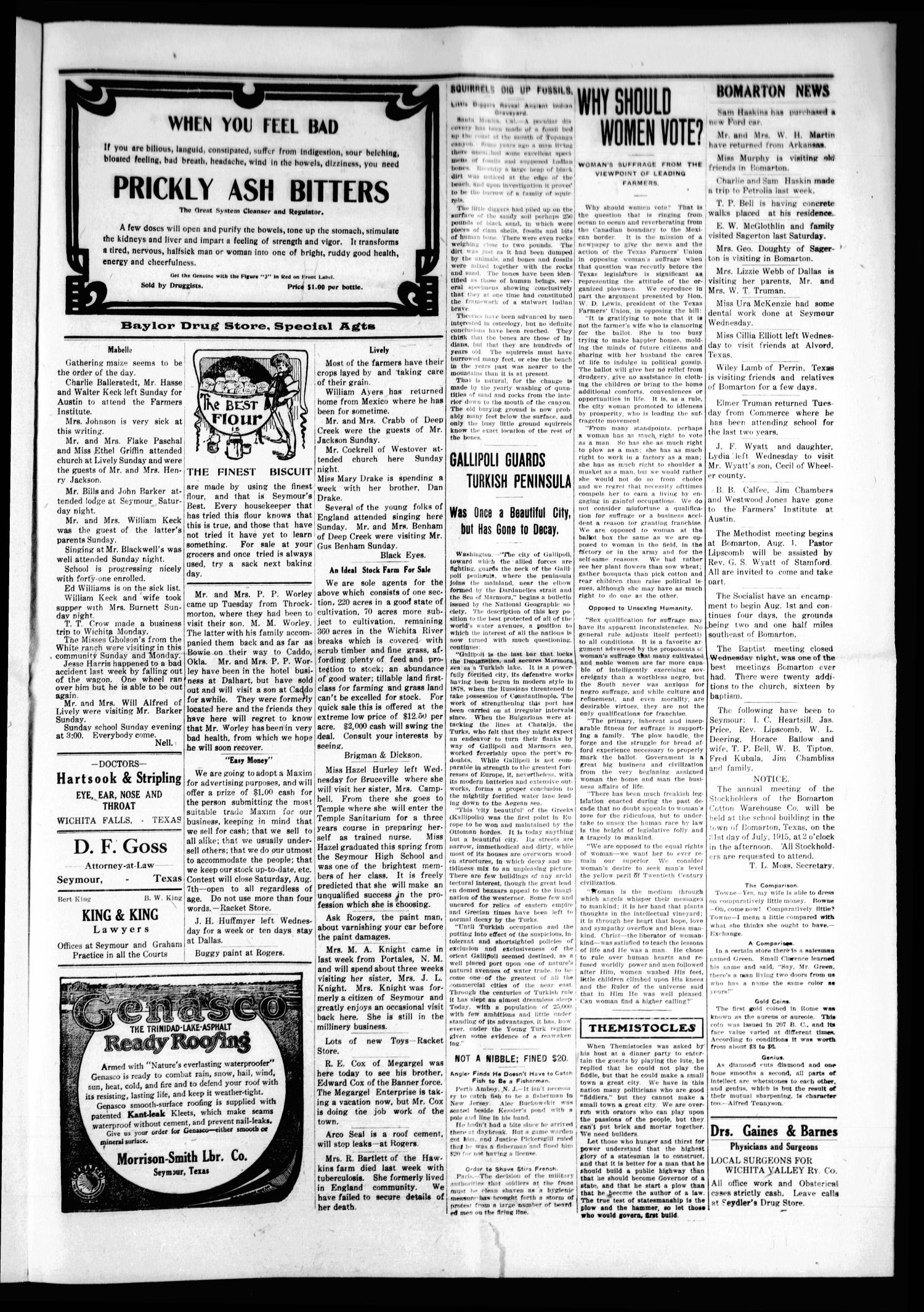 The Baylor County Banner. (Seymour, Tex.), Vol. 20, No. 45, Ed. 1 Thursday, July 29, 1915
                                                
                                                    [Sequence #]: 5 of 10
                                                