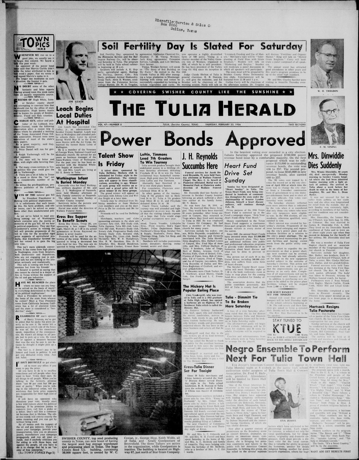 The Tulia Herald (Tulia, Tex), Vol. 47, No. 8, Ed. 1, Thursday, February 23, 1956
                                                
                                                    1
                                                