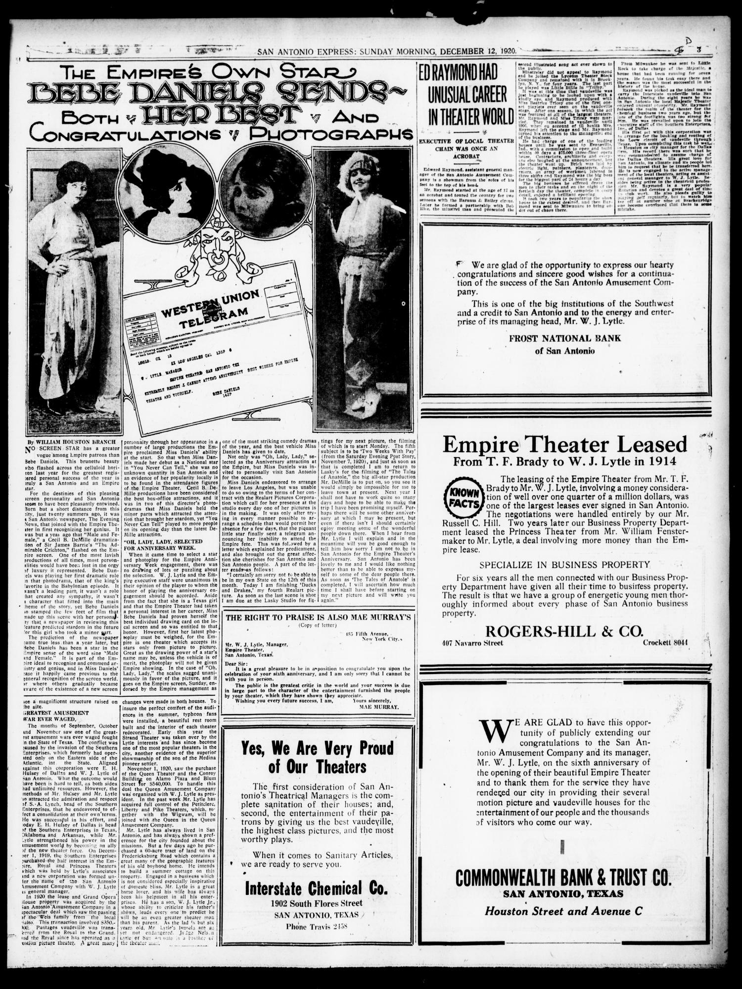 San Antonio Express. (San Antonio, Tex.), Vol. 55, No. 337, Ed. 1 Sunday, December 12, 1920
                                                
                                                    [Sequence #]: 73 of 82
                                                