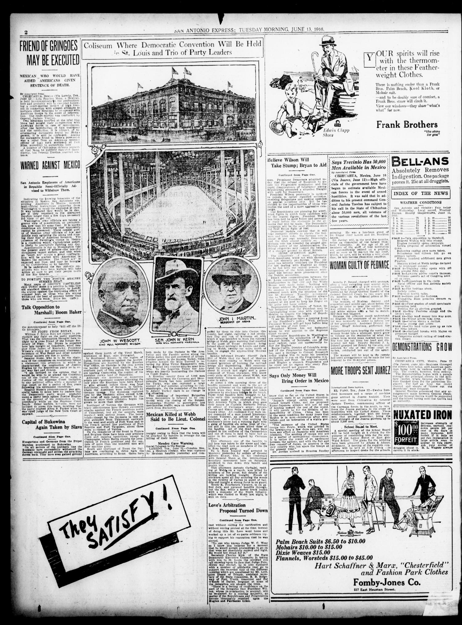 San Antonio Express. (San Antonio, Tex.), Vol. 51, No. 165, Ed. 1 Tuesday, June 13, 1916
                                                
                                                    [Sequence #]: 2 of 18
                                                