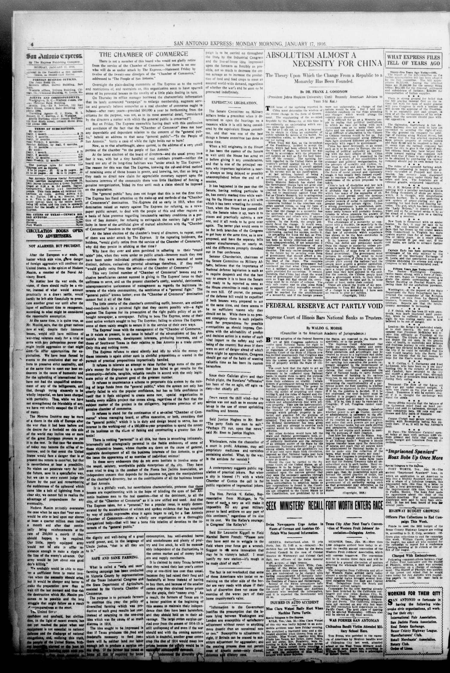 San Antonio Express. (San Antonio, Tex.), Vol. 51, No. 17, Ed. 1 Monday, January 17, 1916
                                                
                                                    [Sequence #]: 4 of 12
                                                