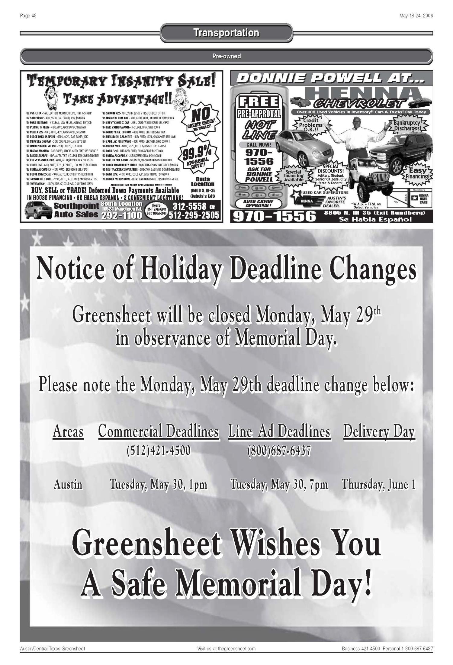The Greensheet (Austin, Tex.), Vol. 29, No. 14, Ed. 1 Thursday, May 18, 2006
                                                
                                                    [Sequence #]: 48 of 56
                                                