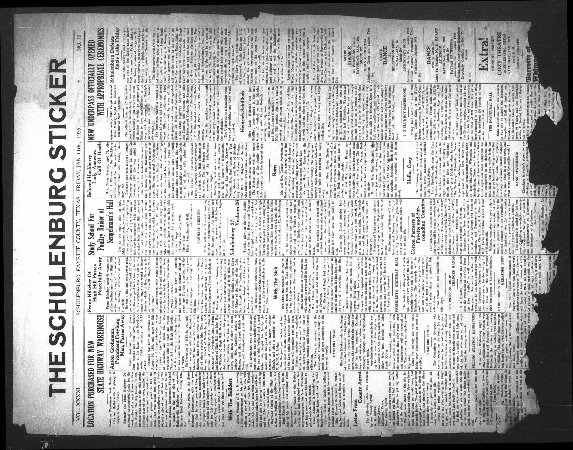 The Schulenburg Sticker (Schulenburg, Tex.), Vol. 41, No. 10, Ed. 1 Friday, January 11, 1935
                                                
                                                    [Sequence #]: 1 of 8
                                                