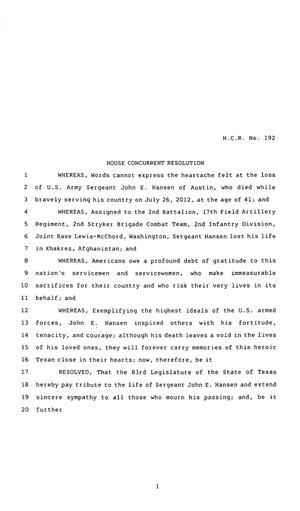 83rd Texas Legislature, Regular Session, House Concurrent Resolution 192
