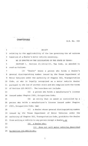83rd Texas Legislature, Regular Session, House Bill 315, Chapter 850