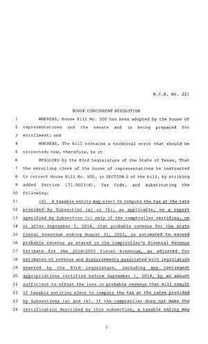 83rd Texas Legislature, Regular Session, House Concurrent Resolution 221