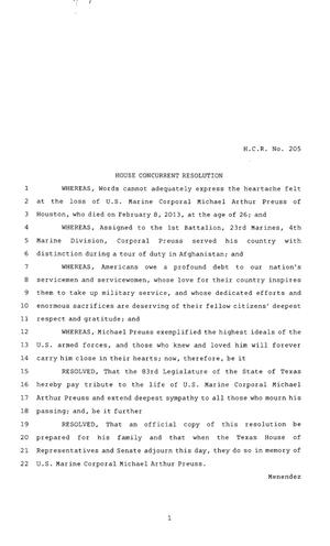 83rd Texas Legislature, Regular Session, House Concurrent Resolution 205