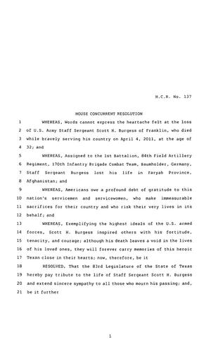 83rd Texas Legislature, Regular Session, House Concurrent Resolution 137