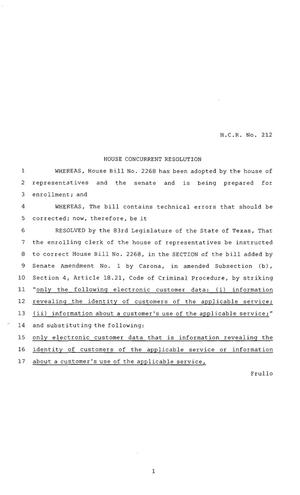 83rd Texas Legislature, Regular Session, House Concurrent Resolution 212