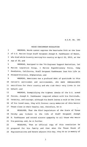 83rd Texas Legislature, Regular Session, House Concurrent Resolution 193