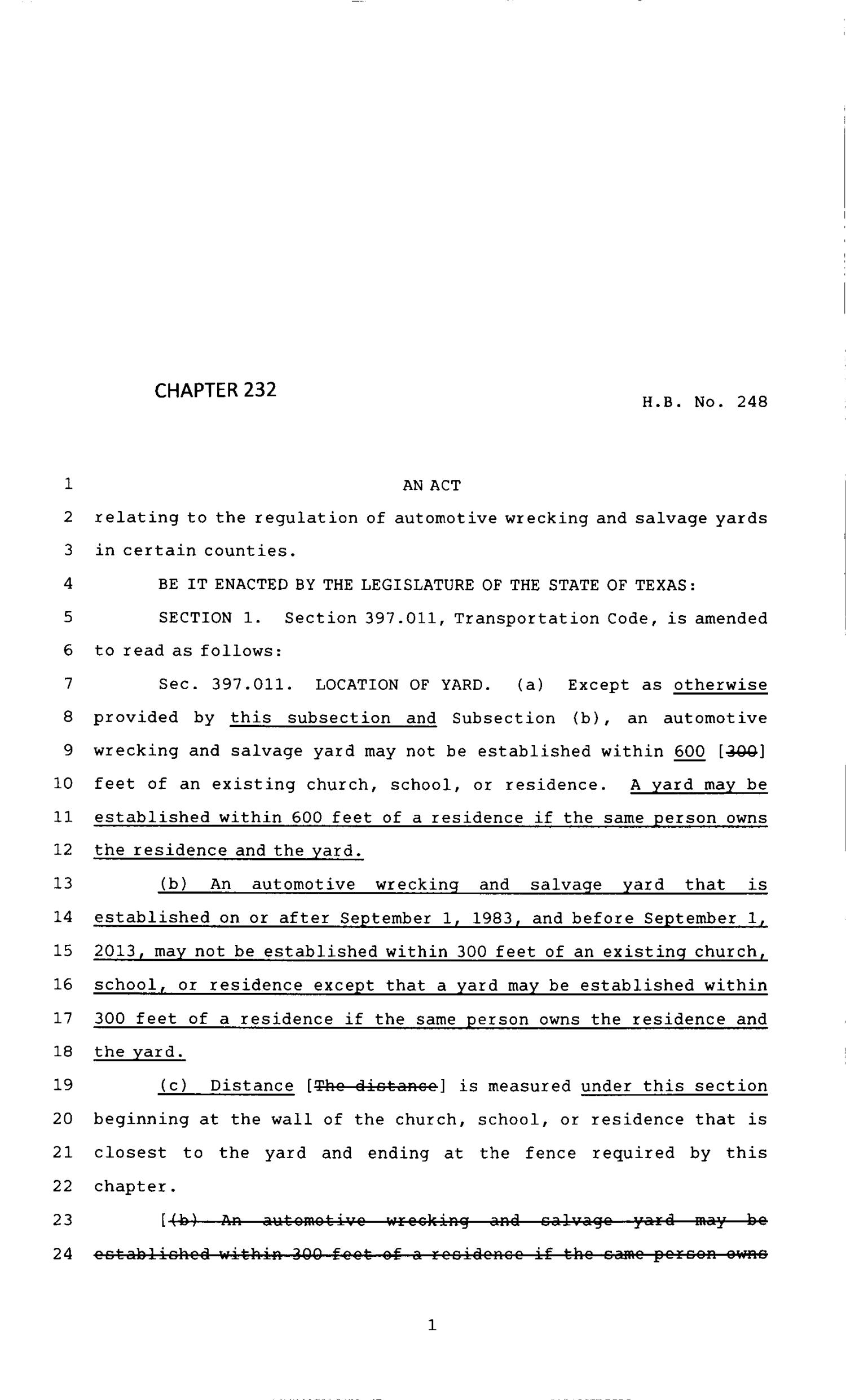 83rd Texas Legislature, Regular Session, House Bill 248, Chapter 232
                                                
                                                    [Sequence #]: 1 of 3
                                                