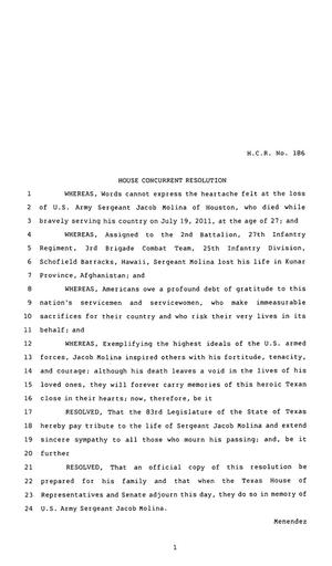 83rd Texas Legislature, Regular Session, House Concurrent Resolution 186