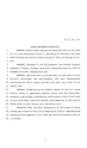 83rd Texas Legislature, Regular Session, House Concurrent Resolution 177
