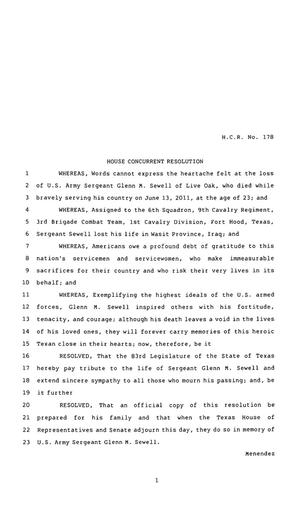83rd Texas Legislature, Regular Session, House Concurrent Resolution 178