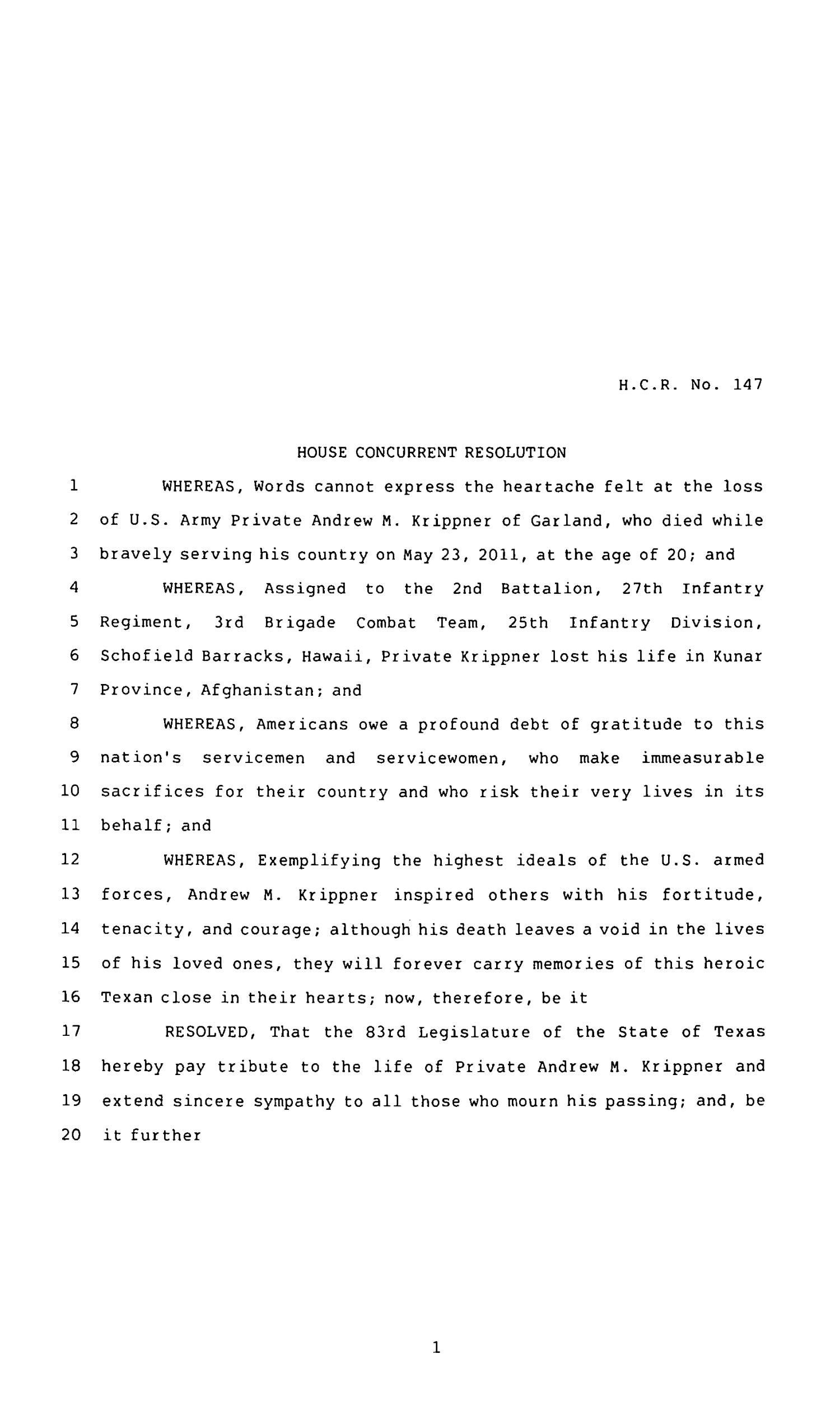 83rd Texas Legislature, Regular Session, House Concurrent Resolution 147
                                                
                                                    [Sequence #]: 1 of 4
                                                