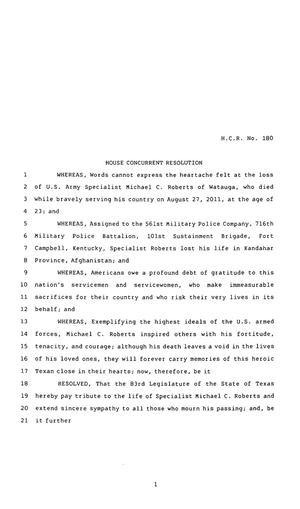 83rd Texas Legislature, Regular Session, House Concurrent Resolution 180