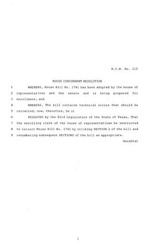 83rd Texas Legislature, Regular Session, House Concurrent Resolution 215
