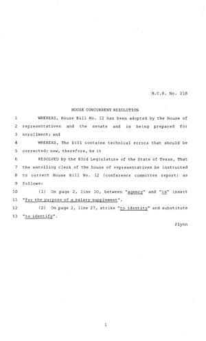 83rd Texas Legislature, Regular Session, House Concurrent Resolution 218
