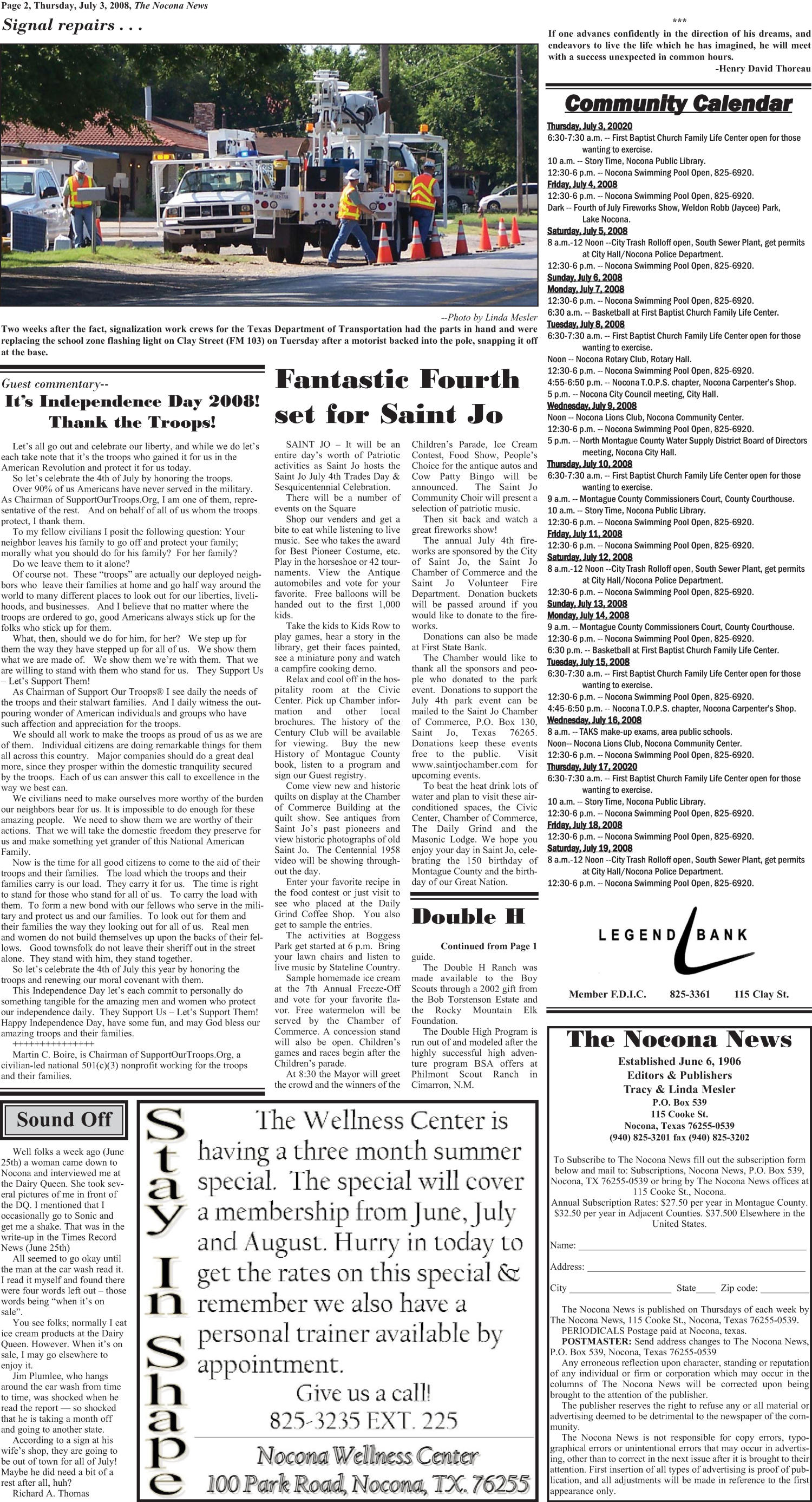 The Nocona News (Nocona, Tex.), Vol. 103, No. 5, Ed. 1 Thursday, July 3, 2008
                                                
                                                    [Sequence #]: 2 of 8
                                                