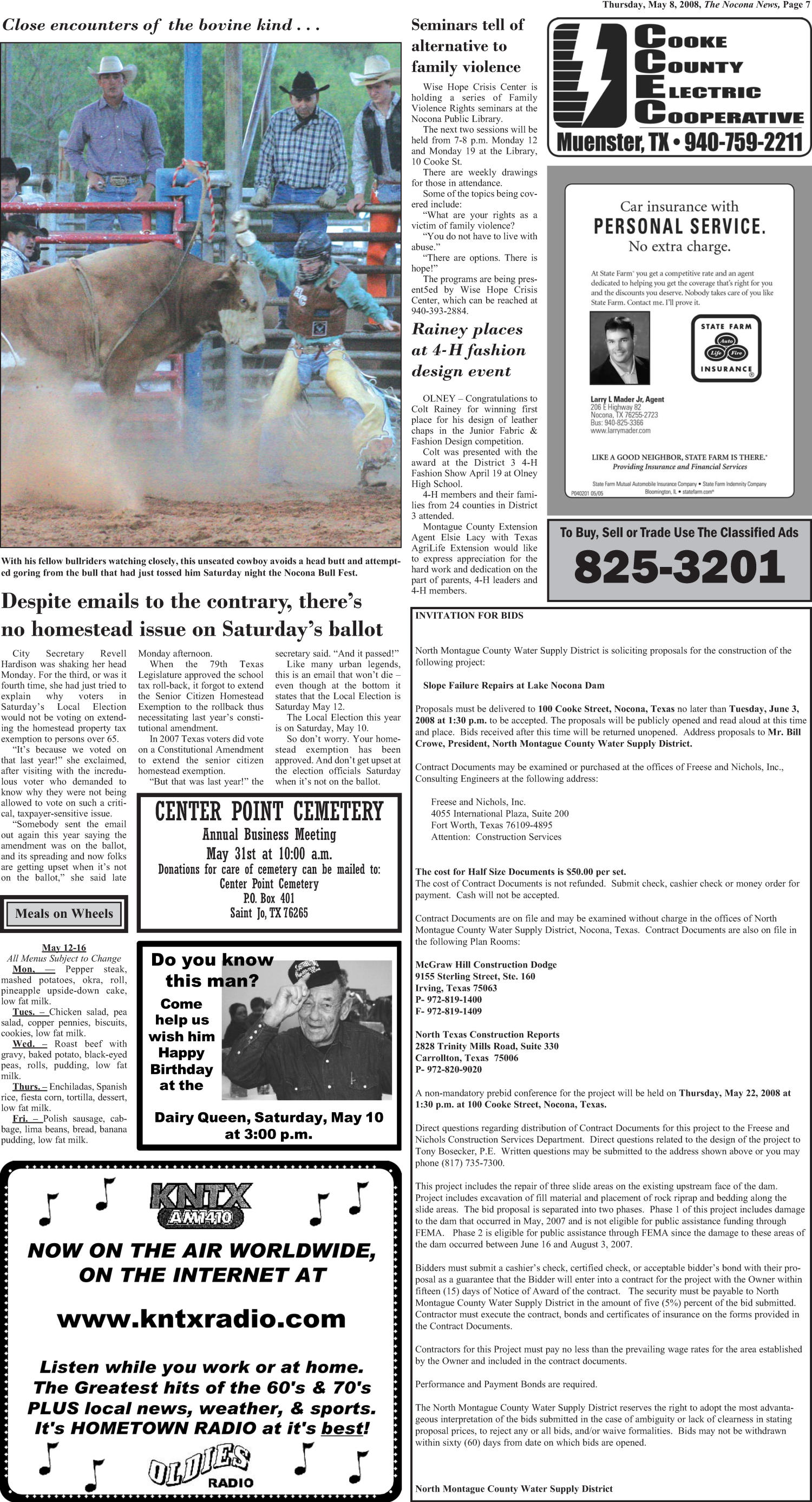 The Nocona News (Nocona, Tex.), Vol. 102, No. 48, Ed. 1 Thursday, May 8, 2008
                                                
                                                    [Sequence #]: 7 of 12
                                                