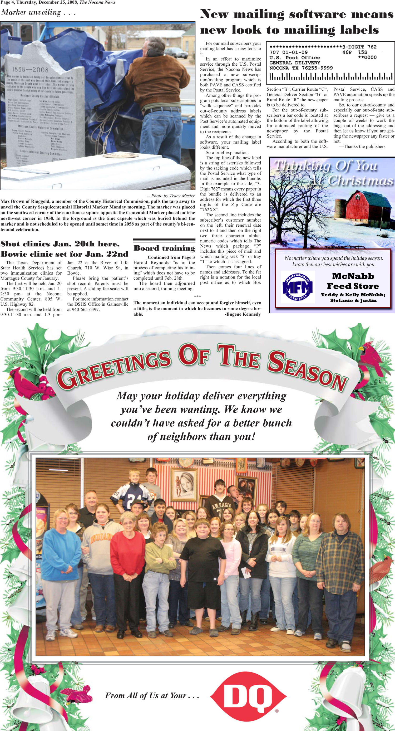 The Nocona News (Nocona, Tex.), Vol. 104, No. 30, Ed. 1 Thursday, December 25, 2008
                                                
                                                    [Sequence #]: 4 of 20
                                                