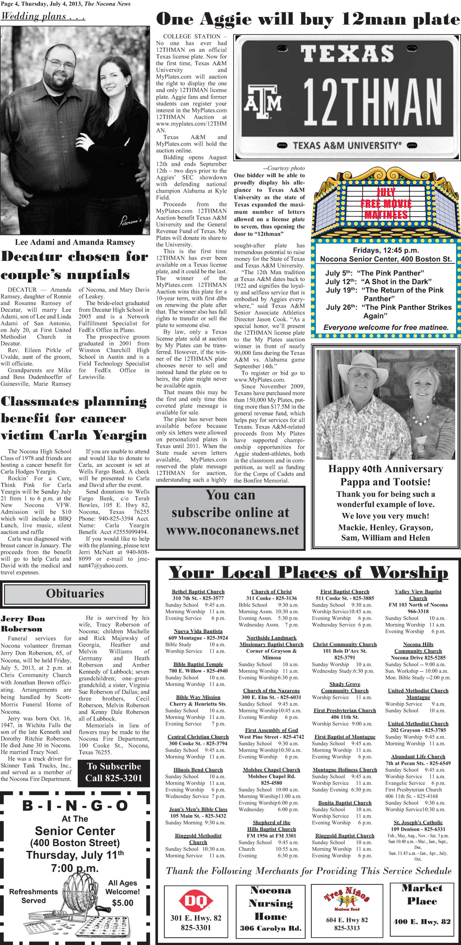The Nocona News (Nocona, Tex.), Vol. 109, No. 5, Ed. 1 Thursday, July 4, 2013
                                                
                                                    [Sequence #]: 4 of 8
                                                