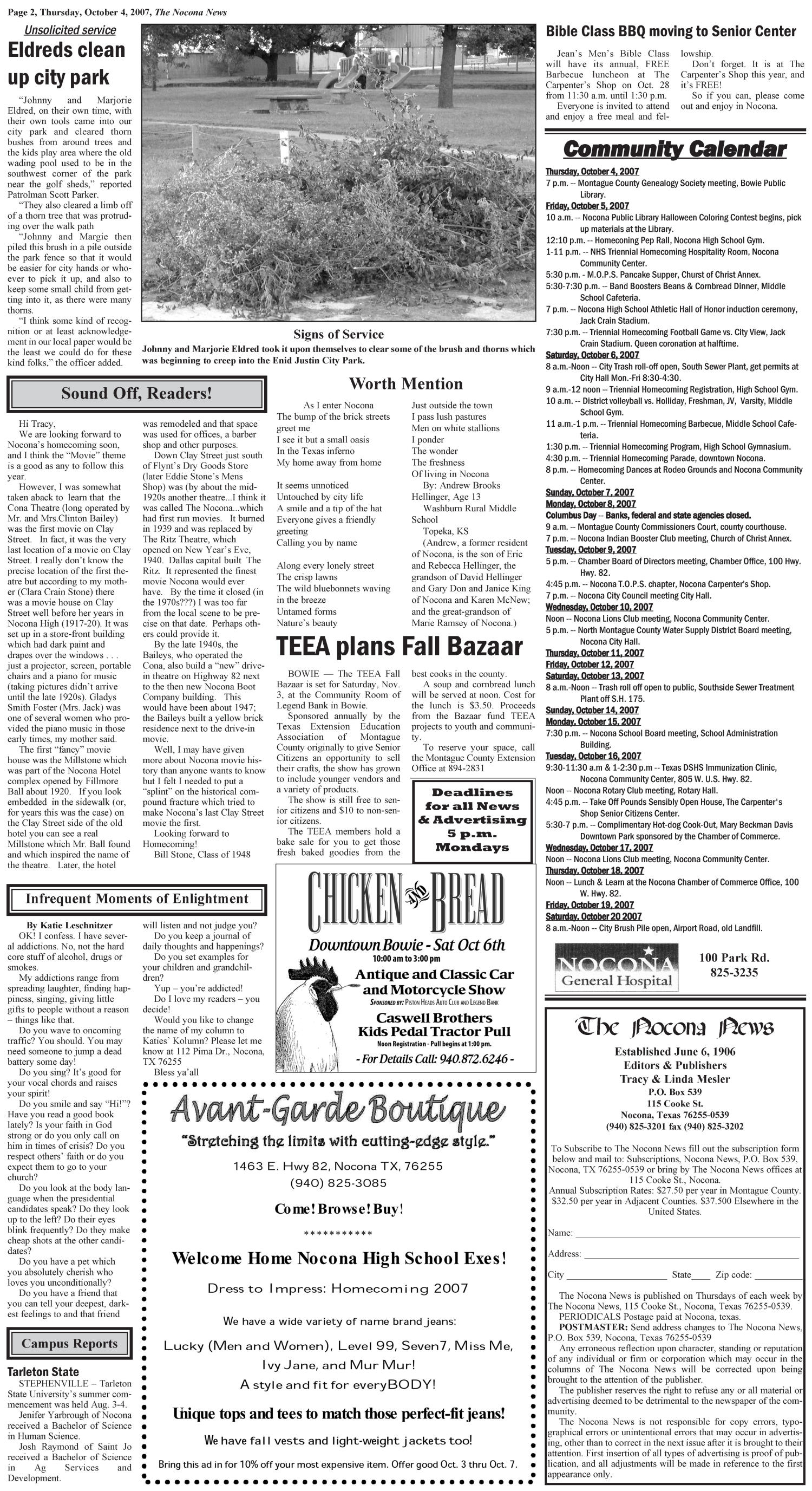 The Nocona News (Nocona, Tex.), Vol. 102, No. 18, Ed. 1 Thursday, October 4, 2007
                                                
                                                    [Sequence #]: 2 of 14
                                                