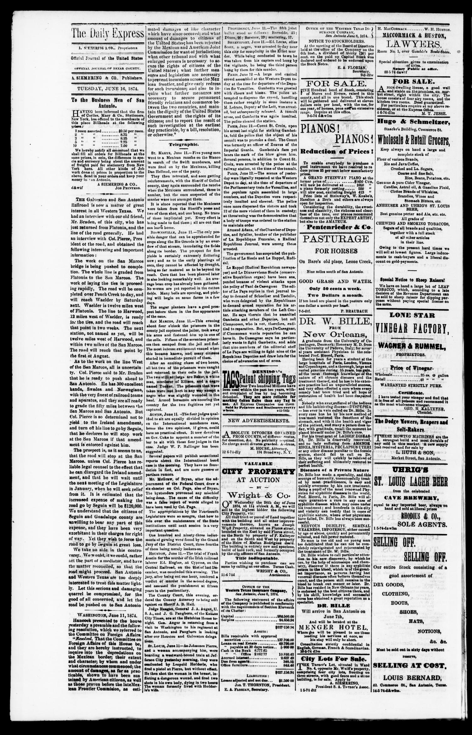 Daily Express. (San Antonio, Tex.), Vol. 8, No. 141, Ed. 1 Tuesday, June 16, 1874
                                                
                                                    [Sequence #]: 2 of 4
                                                