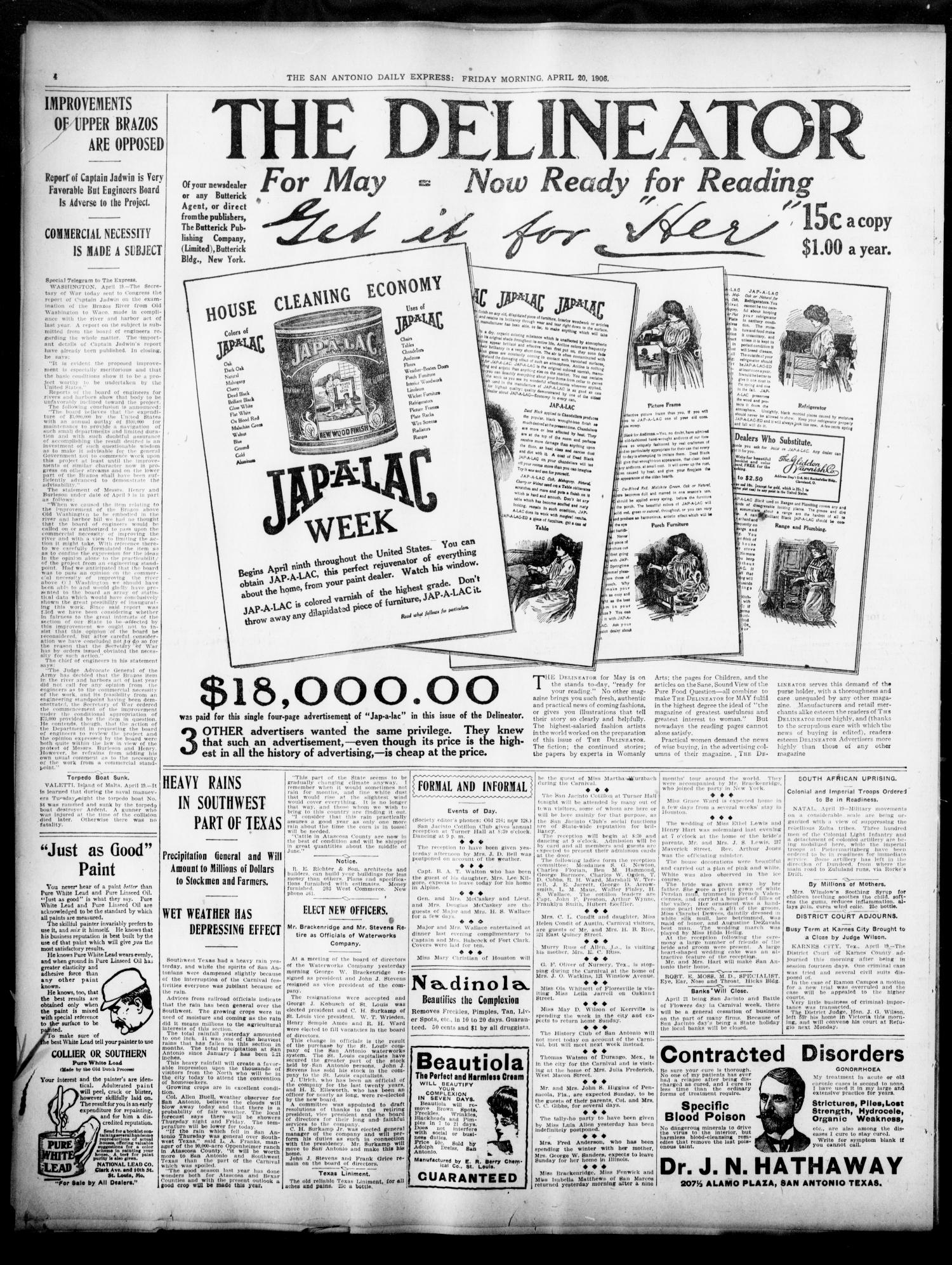 The Daily Express. (San Antonio, Tex.), Vol. 41, No. 110, Ed. 1 Friday, April 20, 1906
                                                
                                                    [Sequence #]: 4 of 20
                                                