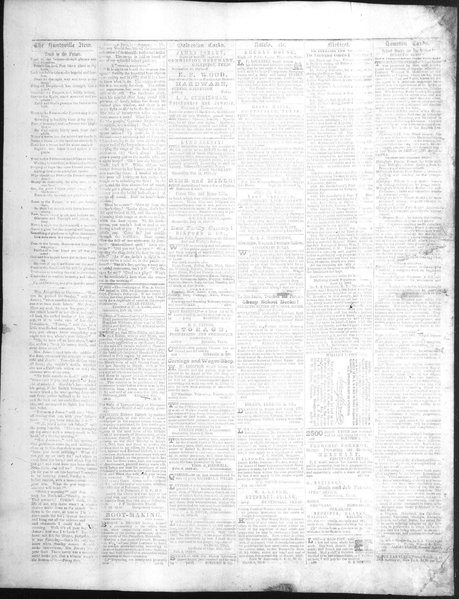 The Huntsville Item. (Huntsville, Tex.), Vol. 3, No. 30, Ed. 1 Saturday, March 12, 1853
                                                
                                                    [Sequence #]: 4 of 4
                                                