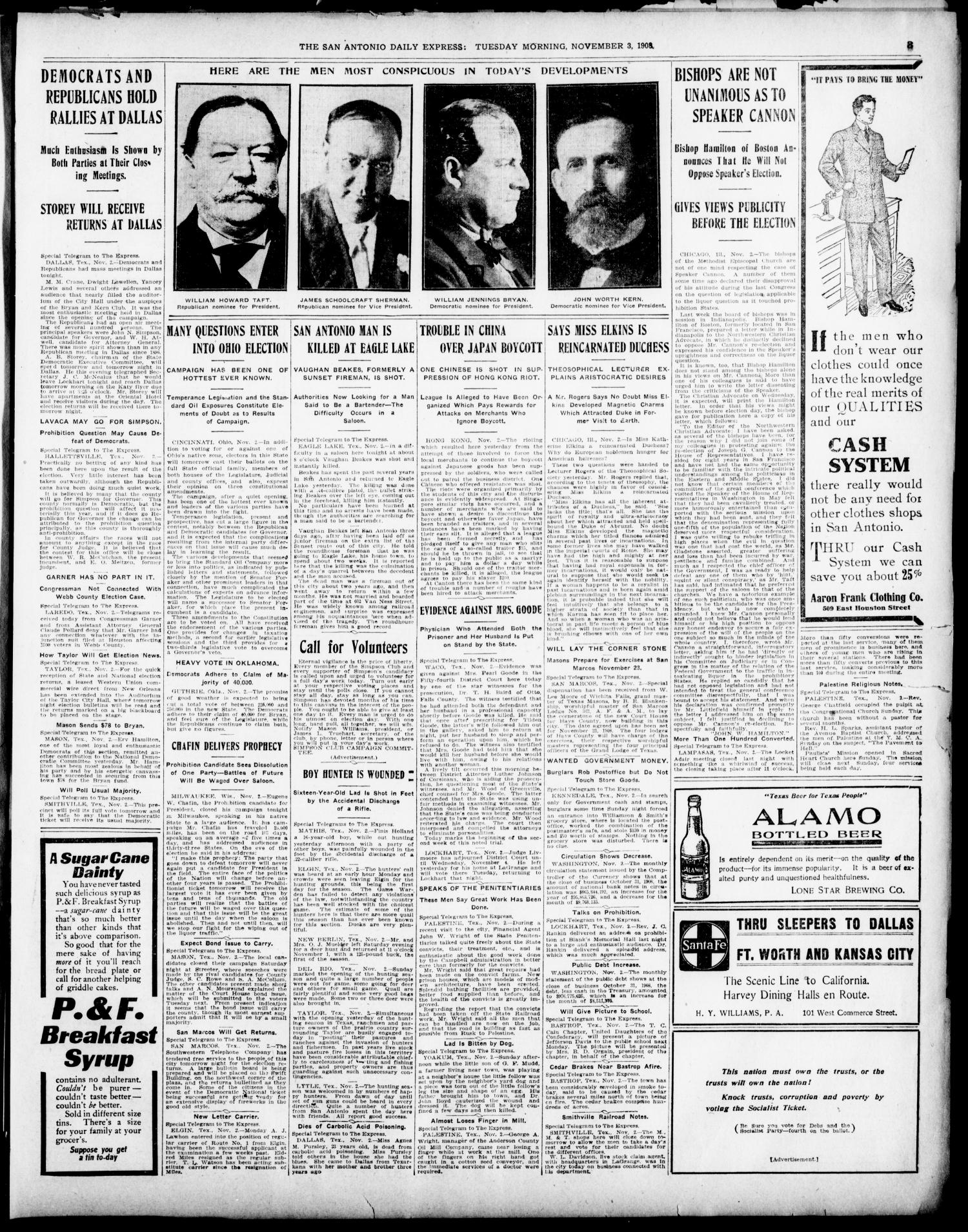 The Daily Express. (San Antonio, Tex.), Vol. 43, No. 308, Ed. 1 Tuesday, November 3, 1908
                                                
                                                    [Sequence #]: 3 of 14
                                                