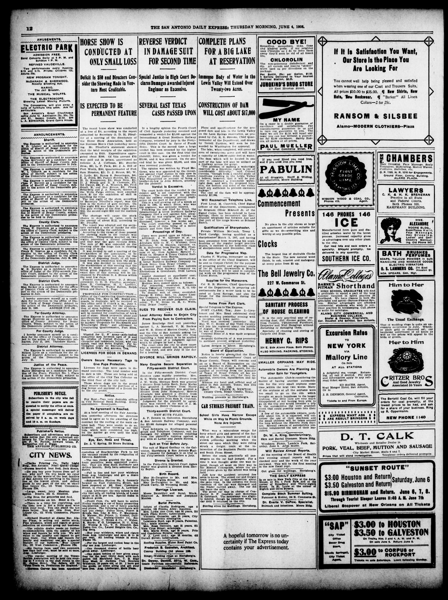 The Daily Express. (San Antonio, Tex.), Vol. 43, No. 156, Ed. 1 Thursday, June 4, 1908
                                                
                                                    [Sequence #]: 12 of 12
                                                