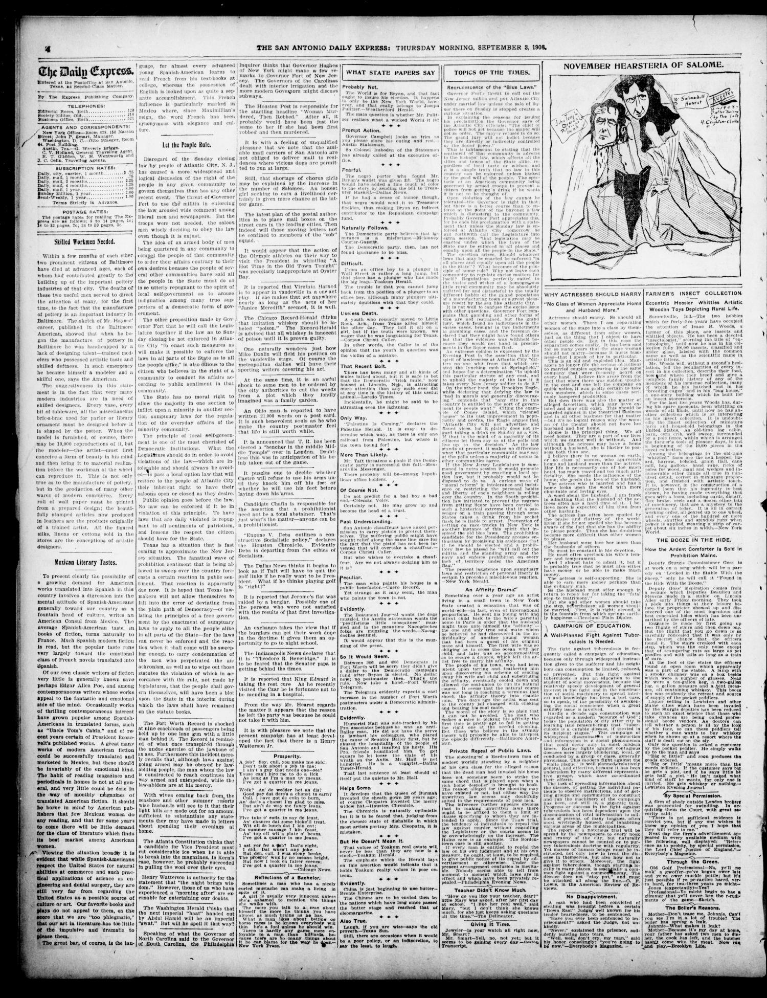 The Daily Express. (San Antonio, Tex.), Vol. 43, No. 247, Ed. 1 Thursday, September 3, 1908
                                                
                                                    [Sequence #]: 4 of 14
                                                