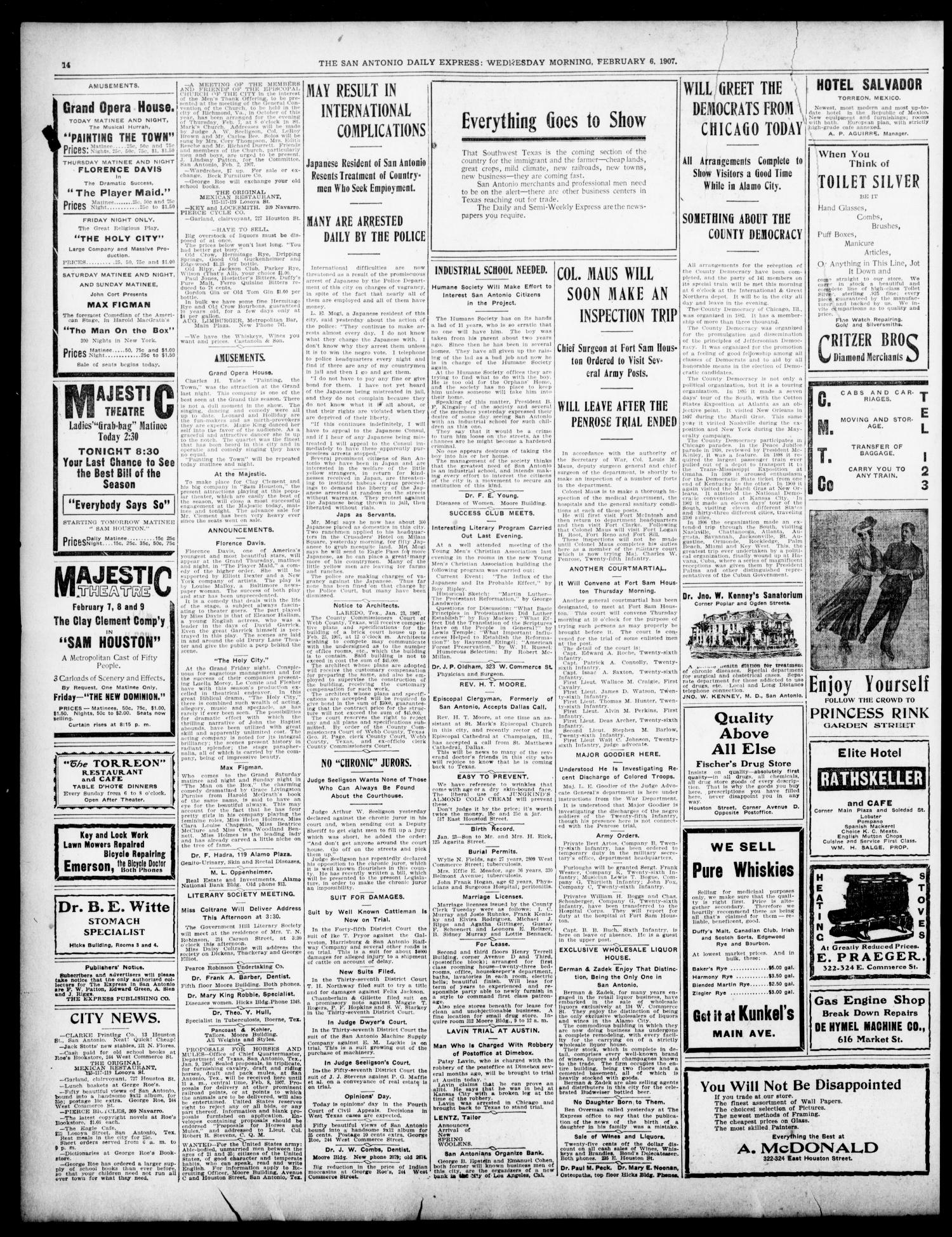 The Daily Express. (San Antonio, Tex.), Vol. 42, No. 37, Ed. 1 Wednesday, February 6, 1907
                                                
                                                    [Sequence #]: 14 of 14
                                                