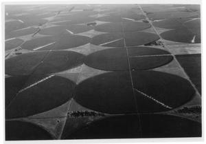 [Aerial photograph of irrigated crops and industrial sprinklers]