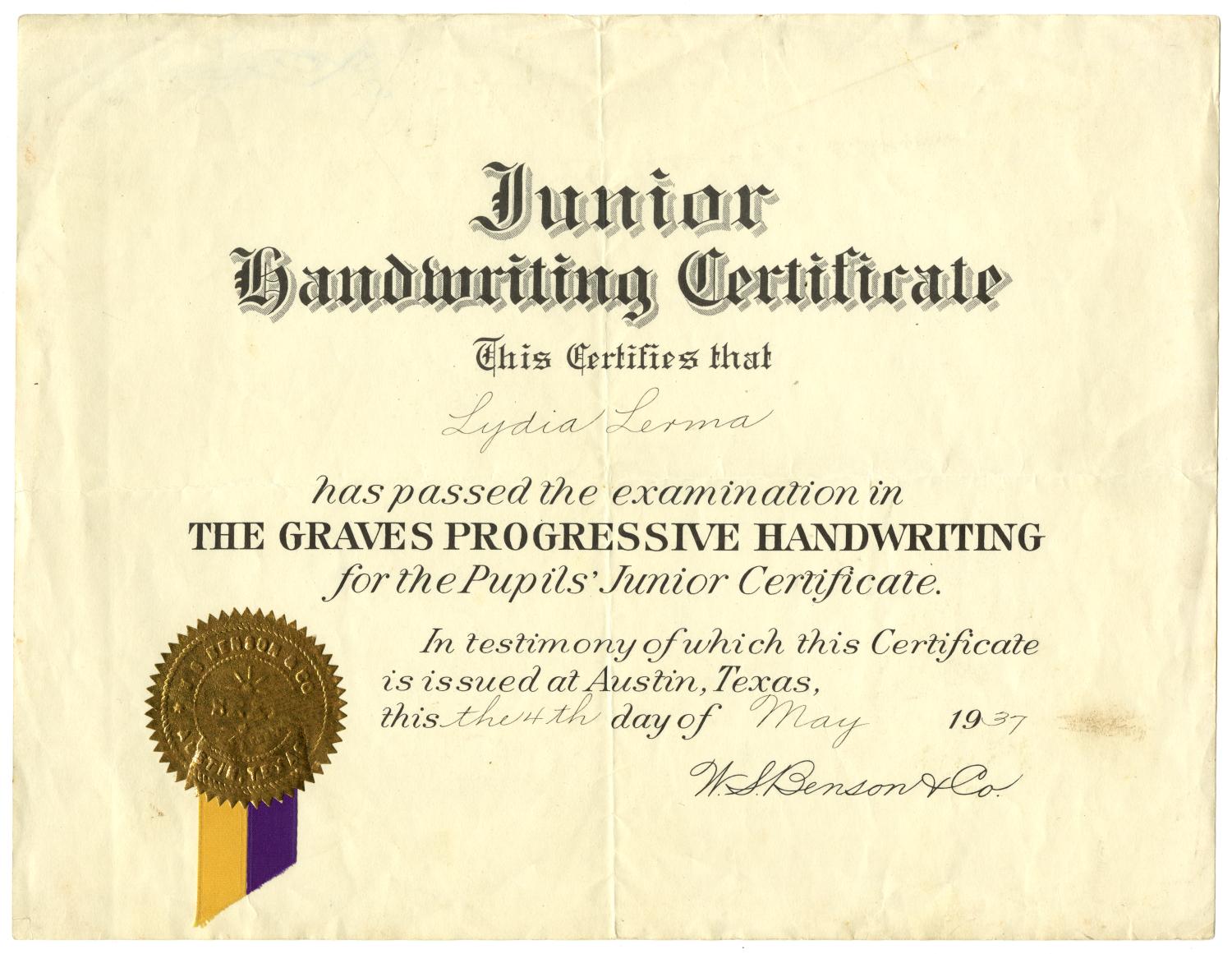 Junior Handwriting Certificate 1937 The Portal to Texas History