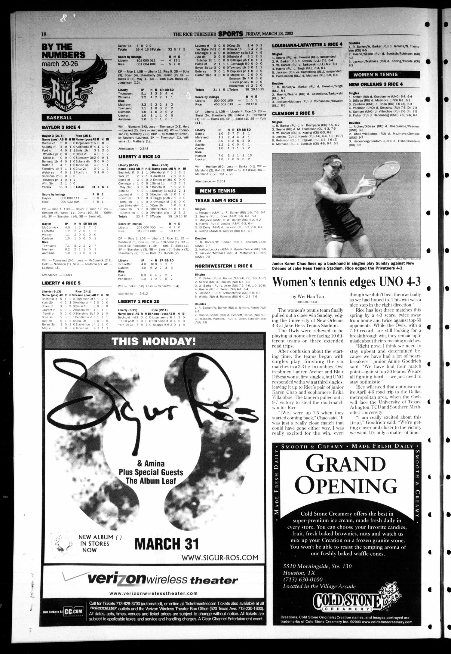 The Rice Thresher, Vol. 90, No. 24, Ed. 1 Friday, March 28, 2003
                                                
                                                    [Sequence #]: 18 of 28
                                                