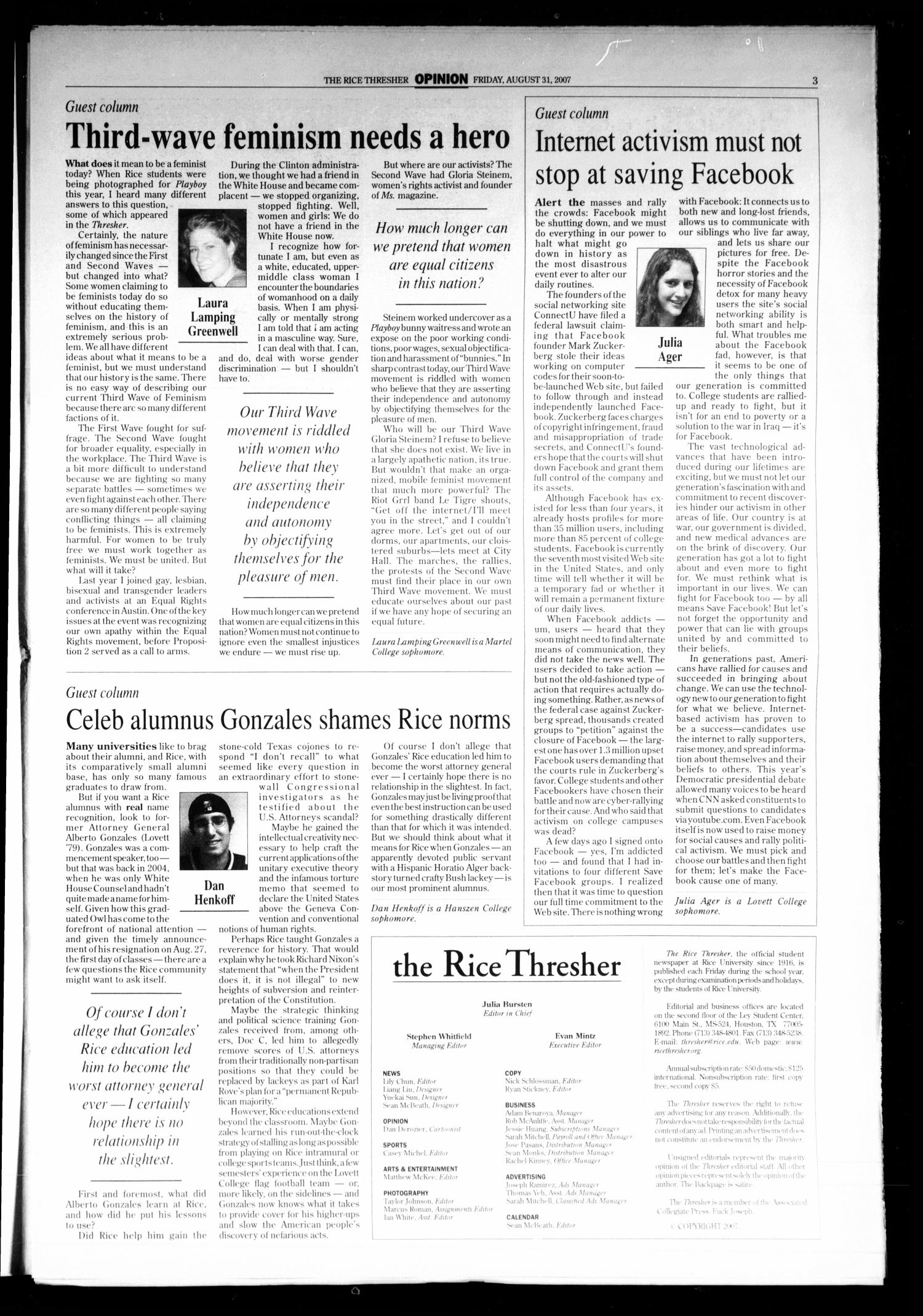 The Rice Thresher, Vol. 95, No. 2, Ed. 1 Friday, August 31, 2007
                                                
                                                    [Sequence #]: 3 of 24
                                                