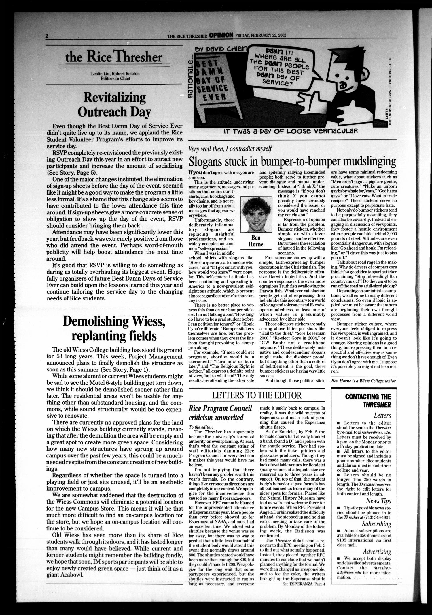 The Rice Thresher, Vol. 89, No. 21, Ed. 1 Friday, February 22, 2002
                                                
                                                    [Sequence #]: 2 of 20
                                                