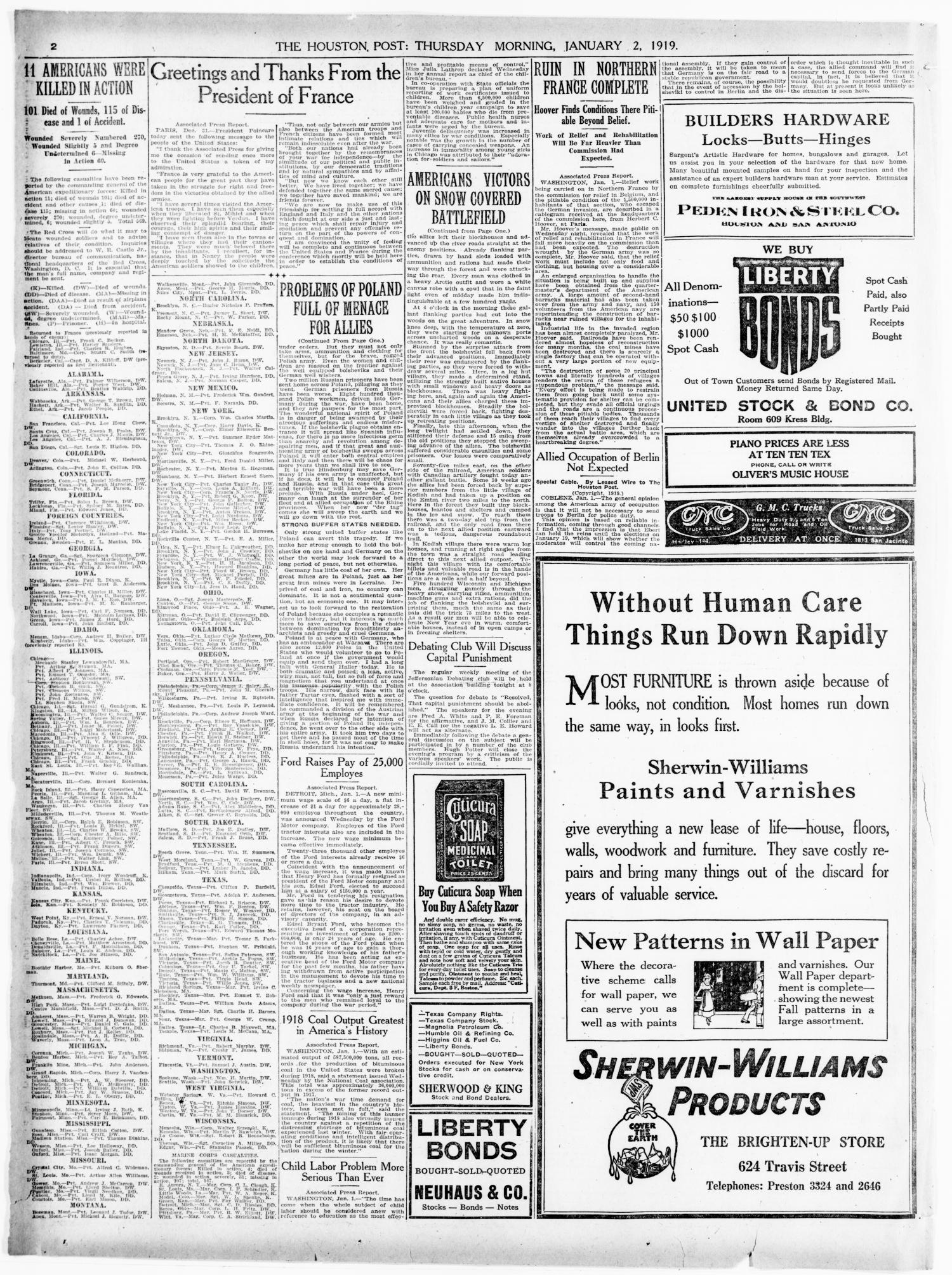 The Houston Post. (Houston, Tex.), Vol. 34, No. 273, Ed. 1 Thursday, January 2, 1919
                                                
                                                    [Sequence #]: 2 of 10
                                                