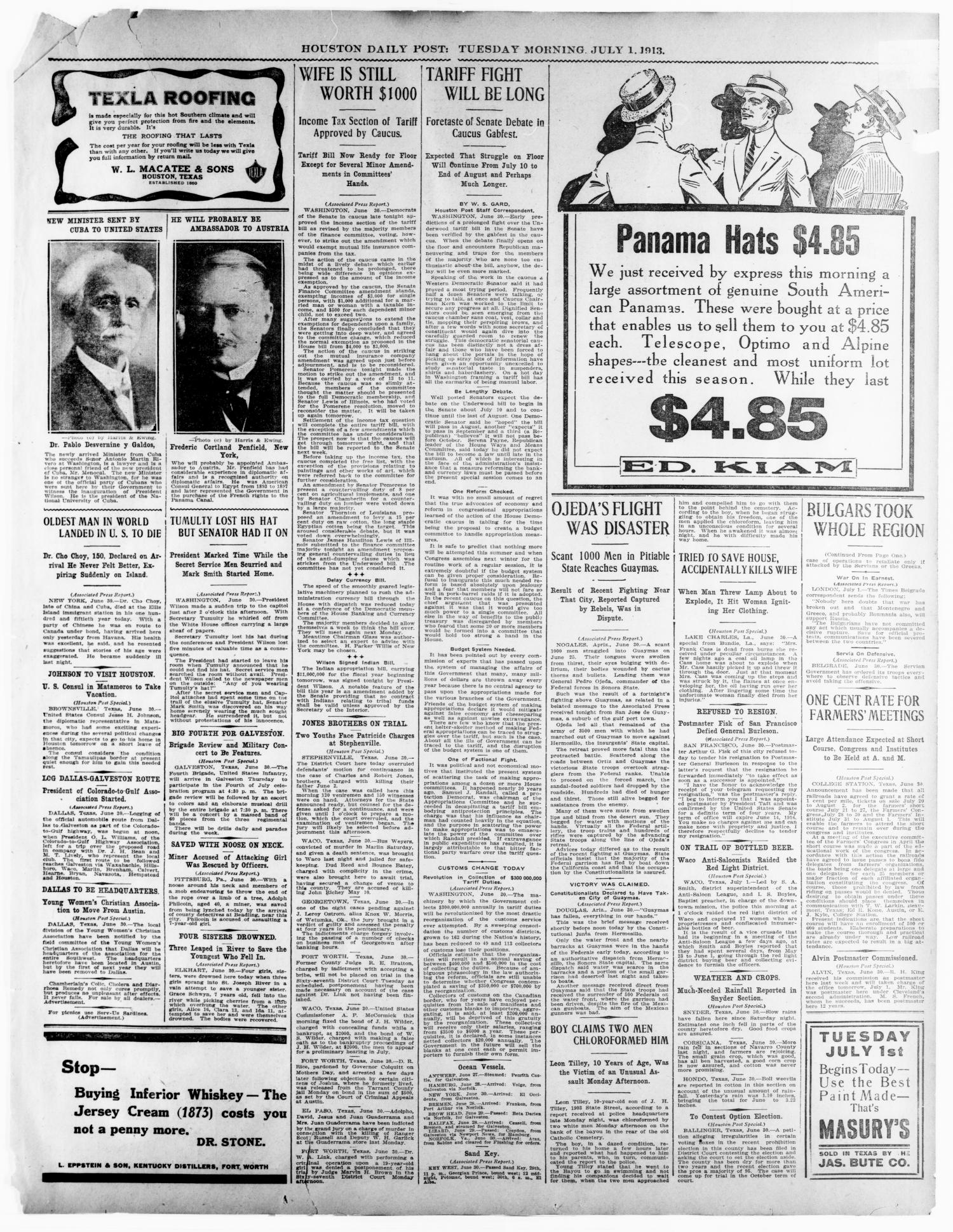 The Houston Post. (Houston, Tex.), Vol. 28TH YEAR, Ed. 1 Tuesday, July 1, 1913
                                                
                                                    [Sequence #]: 3 of 20
                                                
