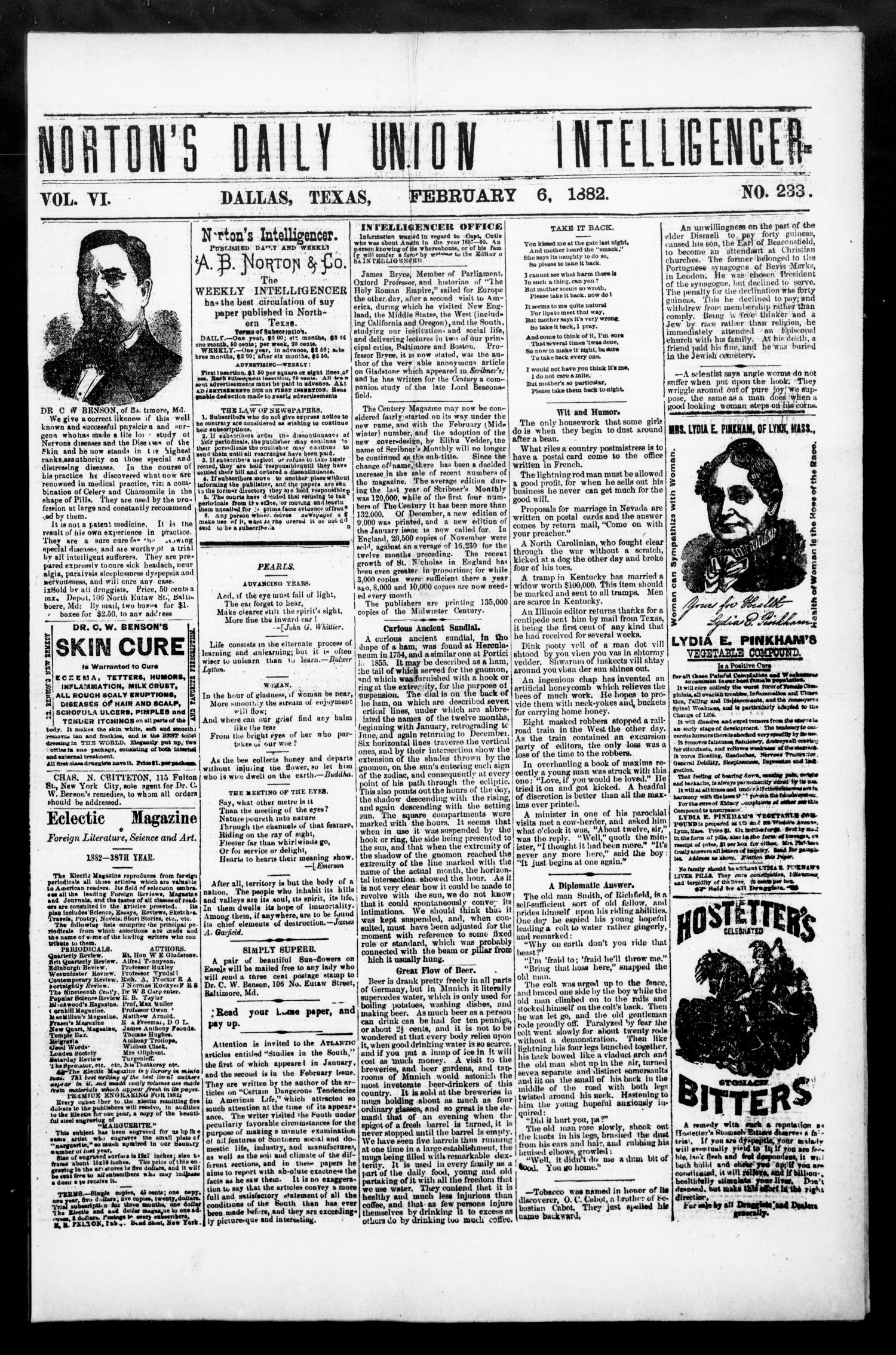 Norton's Daily Union Intelligencer. (Dallas, Tex.), Vol. 6, No. 233, Ed. 1 Monday, February 6, 1882
                                                
                                                    [Sequence #]: 1 of 4
                                                