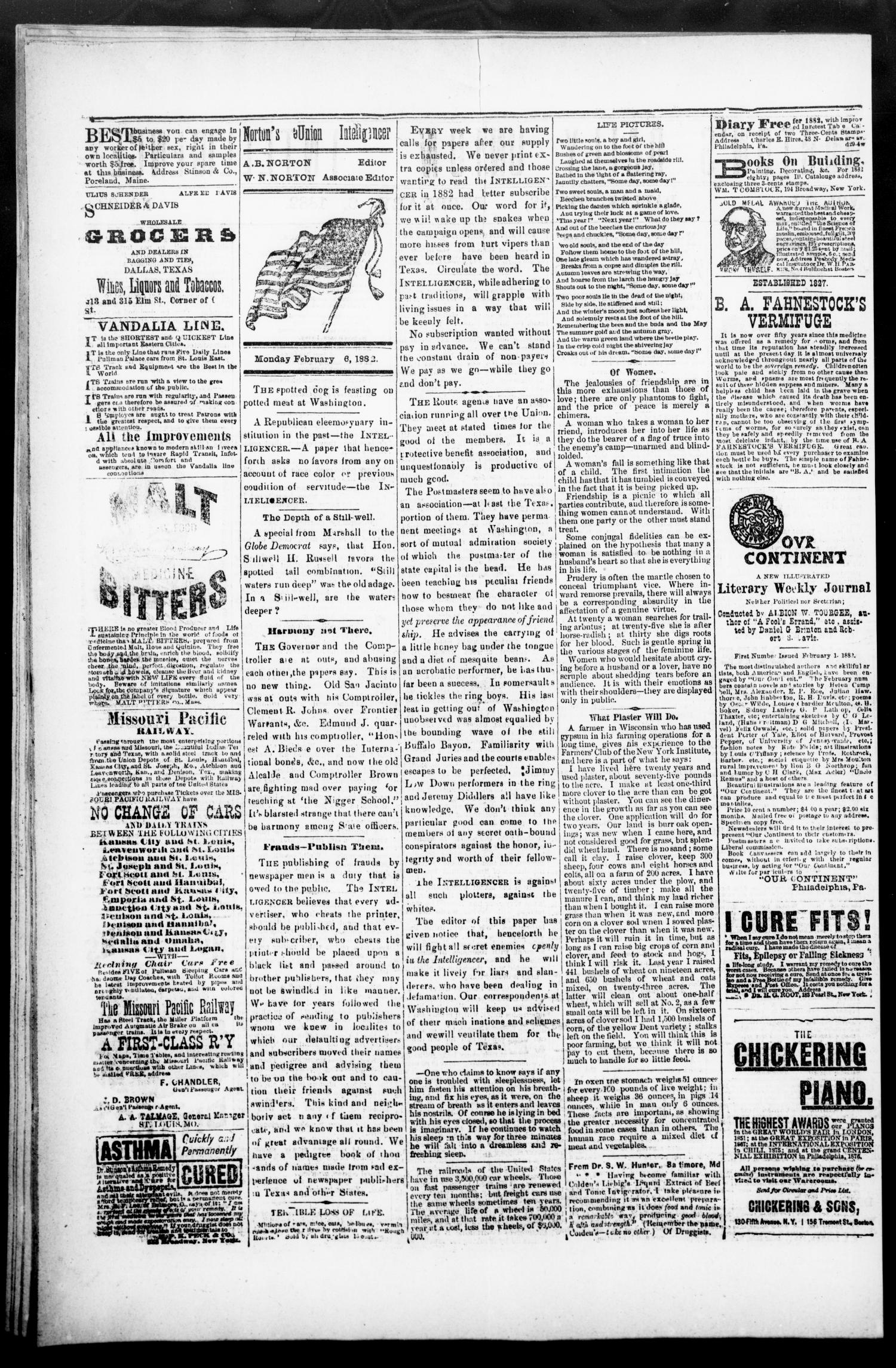 Norton's Daily Union Intelligencer. (Dallas, Tex.), Vol. 6, No. 233, Ed. 1 Monday, February 6, 1882
                                                
                                                    [Sequence #]: 2 of 4
                                                