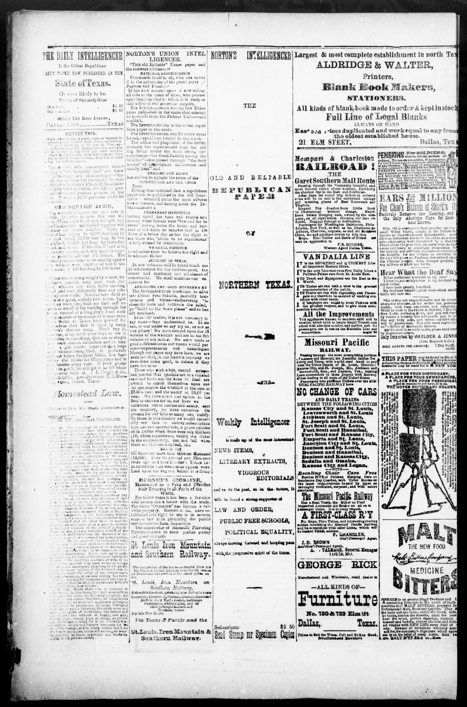 Norton's Daily Union Intelligencer. (Dallas, Tex.), Vol. 7, No. 109, Ed. 1 Wednesday, September 6, 1882
                                                
                                                    [Sequence #]: 4 of 4
                                                