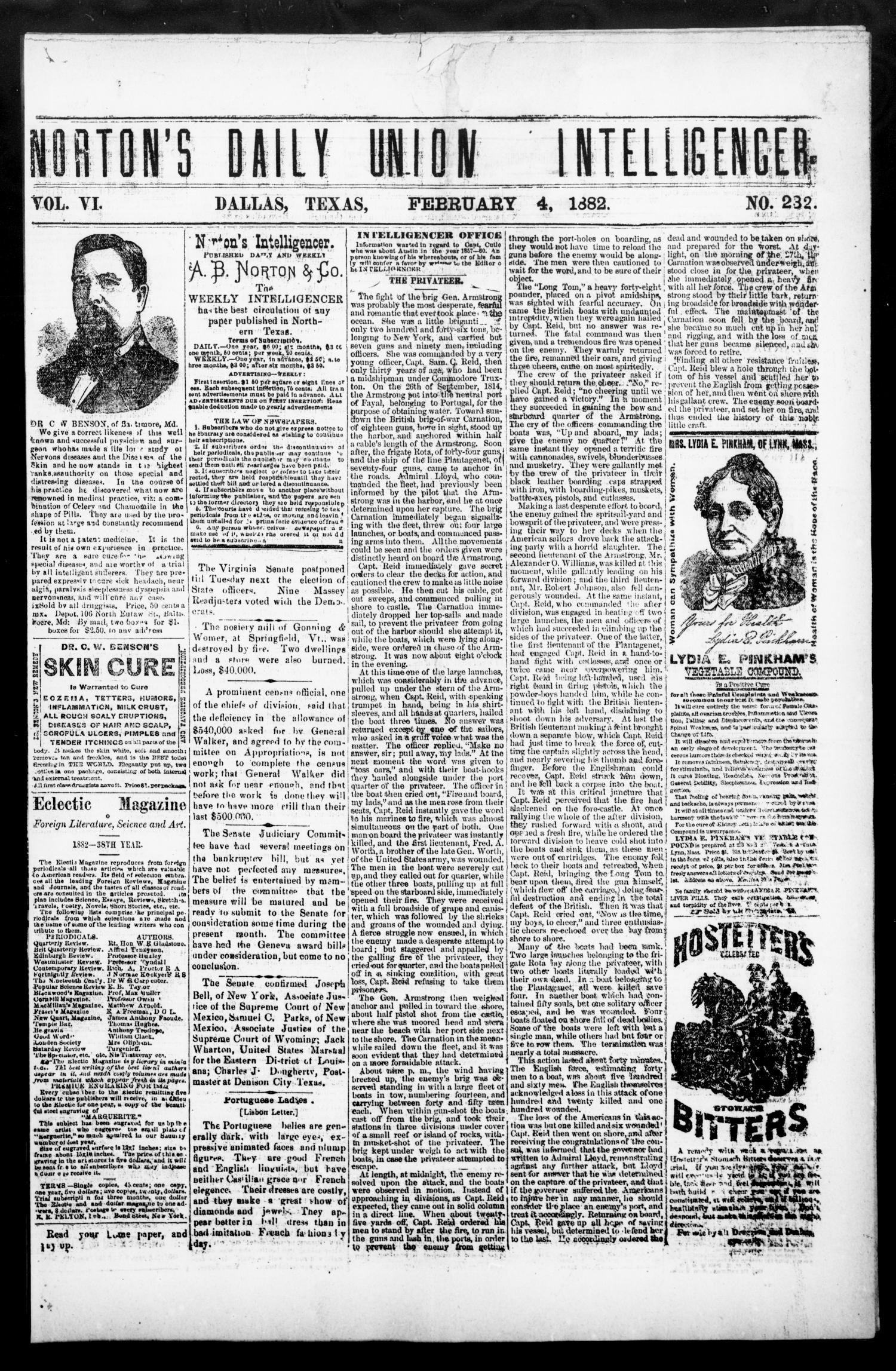 Norton's Daily Union Intelligencer. (Dallas, Tex.), Vol. 6, No. 232, Ed. 1 Saturday, February 4, 1882
                                                
                                                    [Sequence #]: 1 of 4
                                                