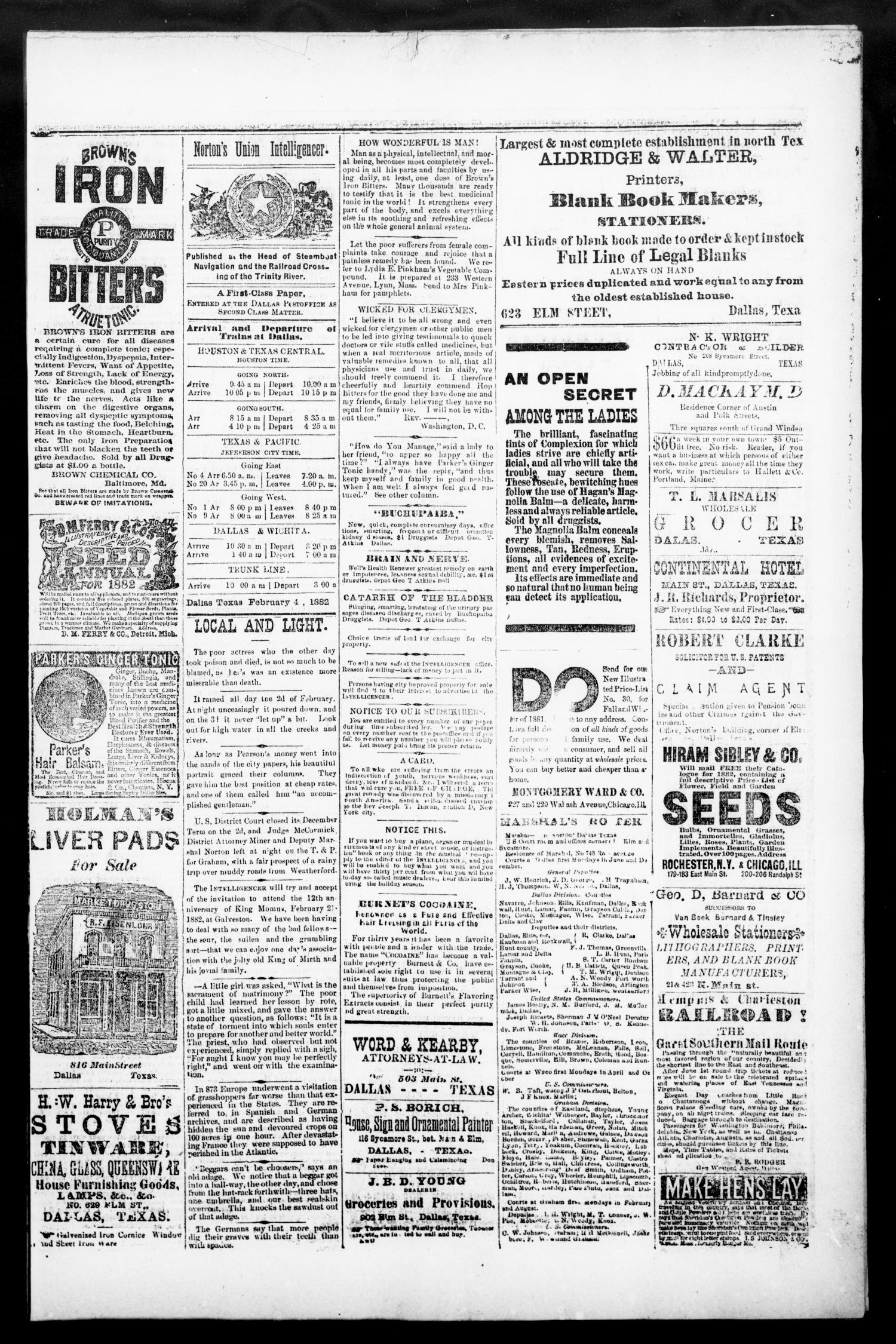 Norton's Daily Union Intelligencer. (Dallas, Tex.), Vol. 6, No. 232, Ed. 1 Saturday, February 4, 1882
                                                
                                                    [Sequence #]: 3 of 4
                                                